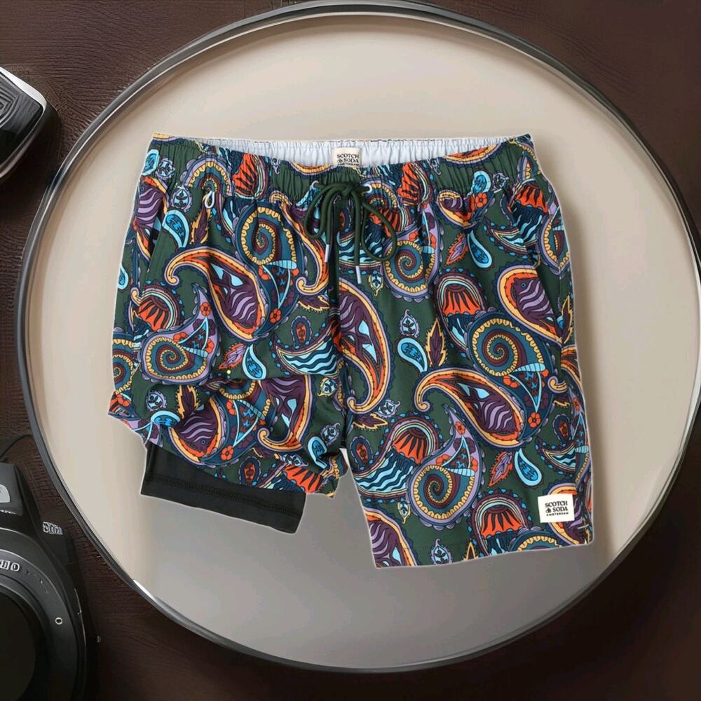 SCOTCH & SODA Men's Swim Shorts S Blue Print Lined Drawstring Logo *